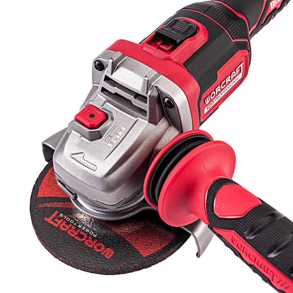 Close-up of Worcraft brushless cordless angle grinder with handle