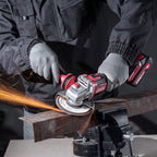 Worcraft brushless cordless angle grinder in use on steel