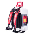 A white and red Worcraft backpack sprayer with black straps and a gray control panel, shown on a clean white background.