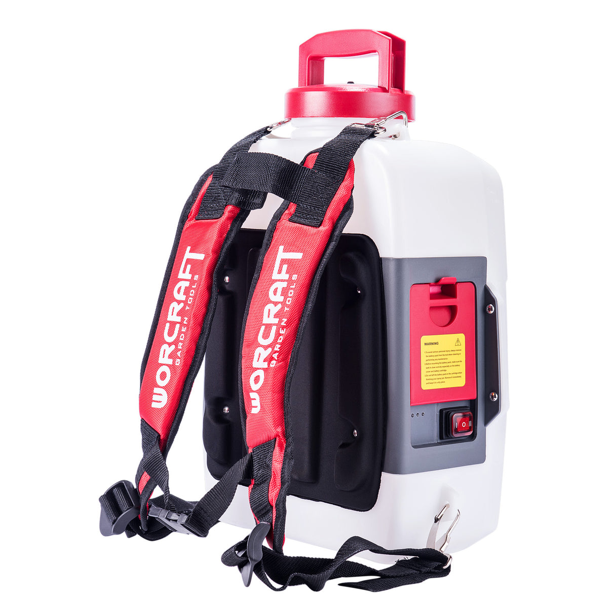 A white and red Worcraft backpack sprayer with black straps and a gray control panel, shown on a clean white background.
