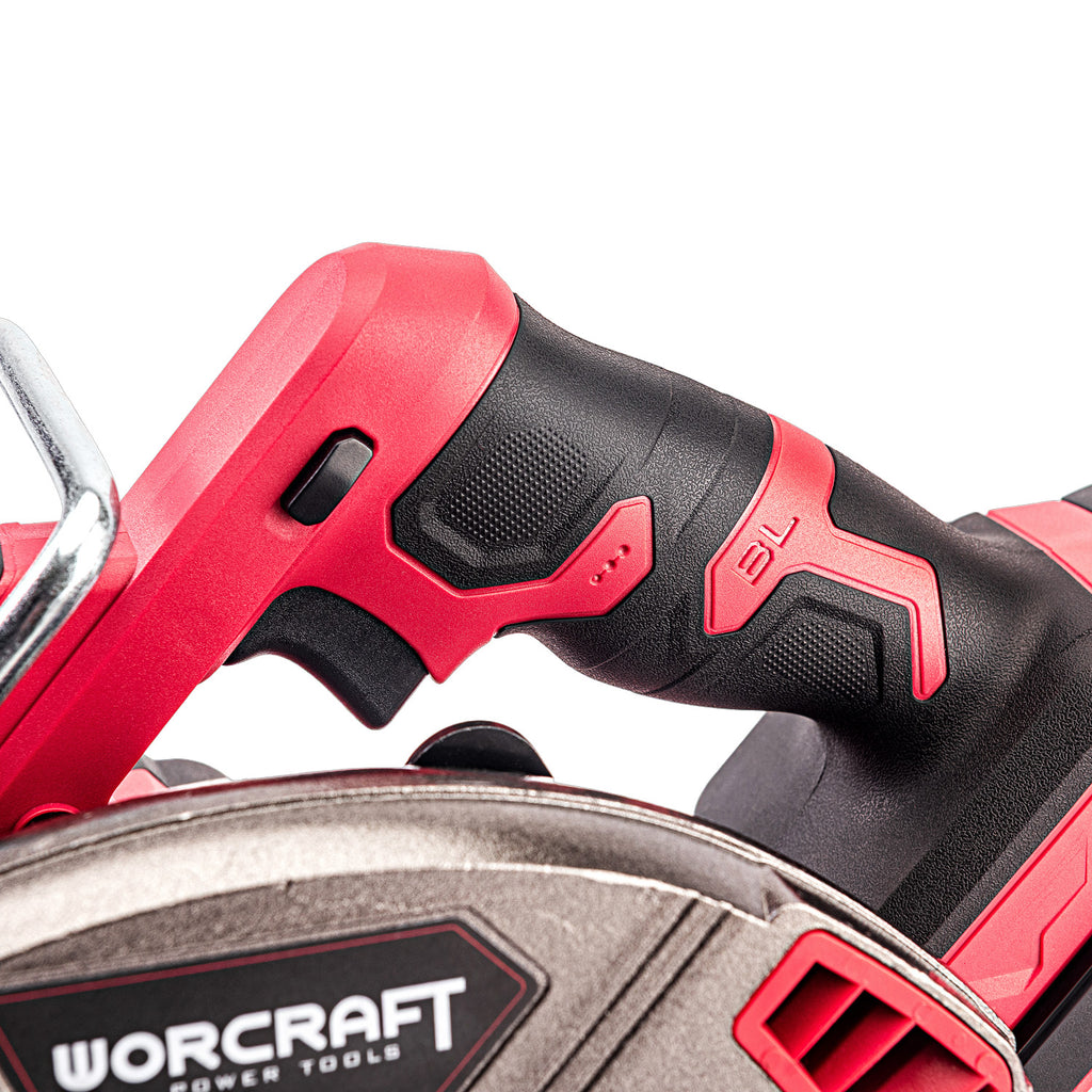 Close-up of a red and black cordless circular saw handle with the WORCRAFT logo visible on the blade guard, set against a clean white background.