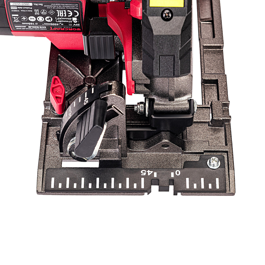 Close-up of a Worcraft black and red cordless circular saw guide rail and adjustment dial, showing measurement markings and a red power switch on a white background.