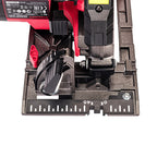 Close-up of a Worcraft black and red cordless circular saw guide rail and adjustment dial, showing measurement markings and a red power switch on a white background.