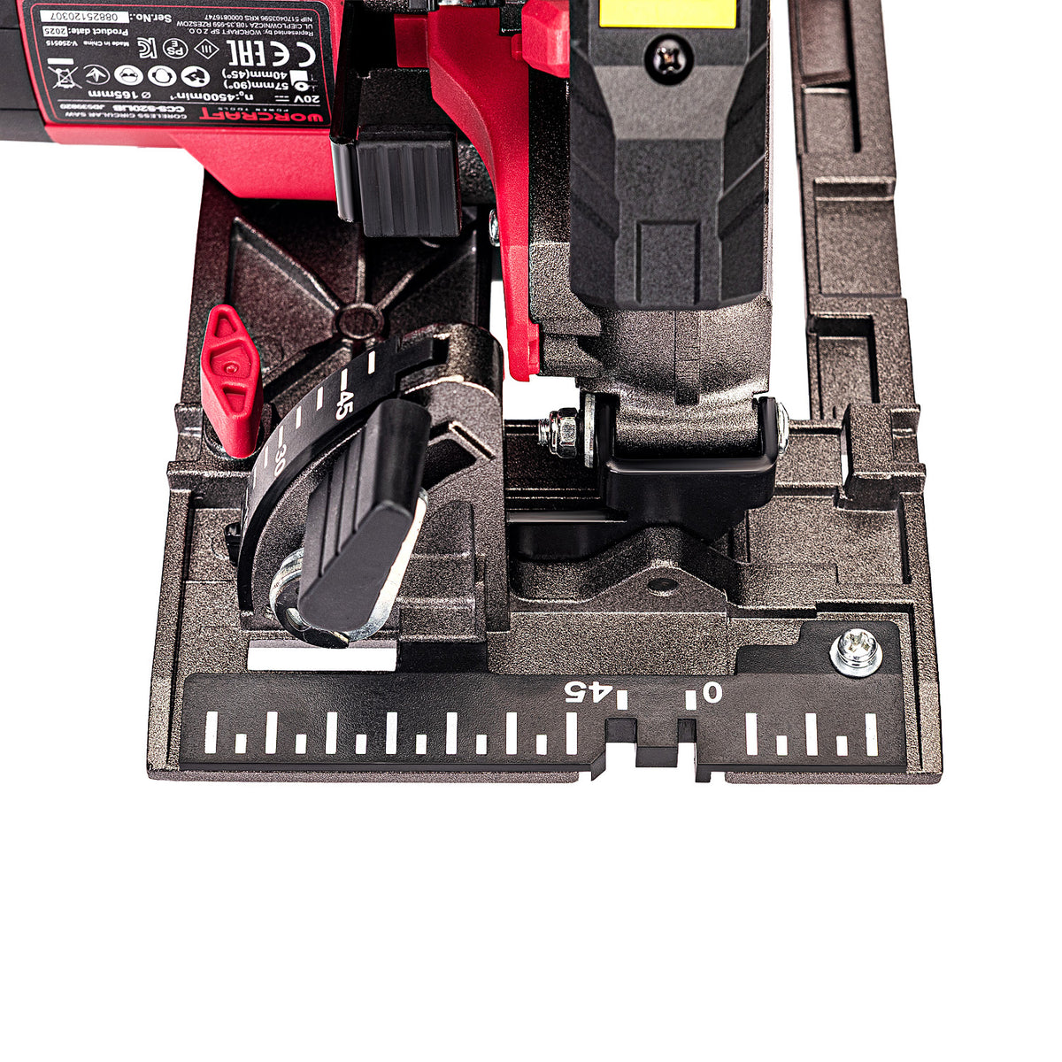 Close-up of a Worcraft black and red cordless circular saw guide rail and adjustment dial, showing measurement markings and a red power switch on a white background.