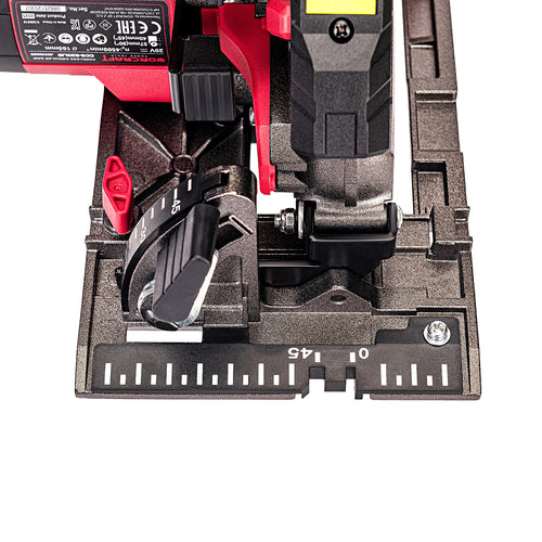 Close-up of a Worcraft black and red cordless circular saw guide rail and adjustment dial, showing measurement markings and a red power switch on a white background.