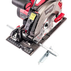 A cordless Worcraft circular saw with a guide rail attachment, featuring a gray and red body with a silver blade, shown on a clean white background.