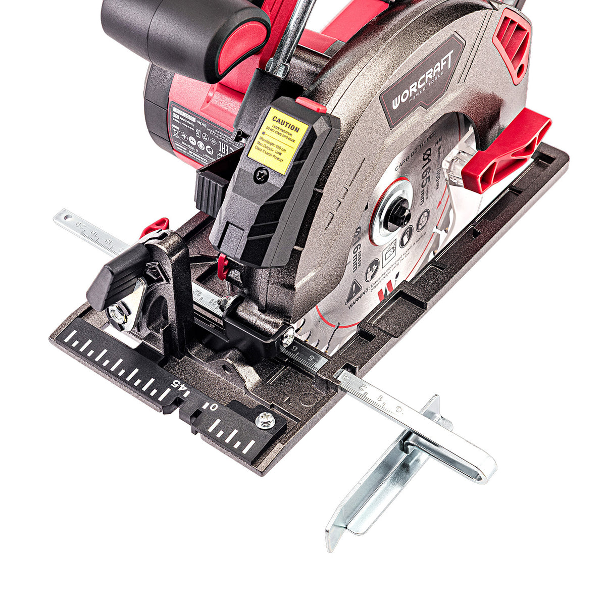 A cordless Worcraft circular saw with a guide rail attachment, featuring a gray and red body with a silver blade, shown on a clean white background.