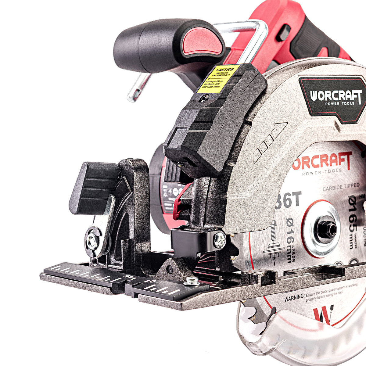 A close-up studio shot of a circular saw blade and baseplate assembly for a cordless circular saw, showing the silver carbide-lip blade, black and red handle components, and visible WORCRAFT branding on the housing.