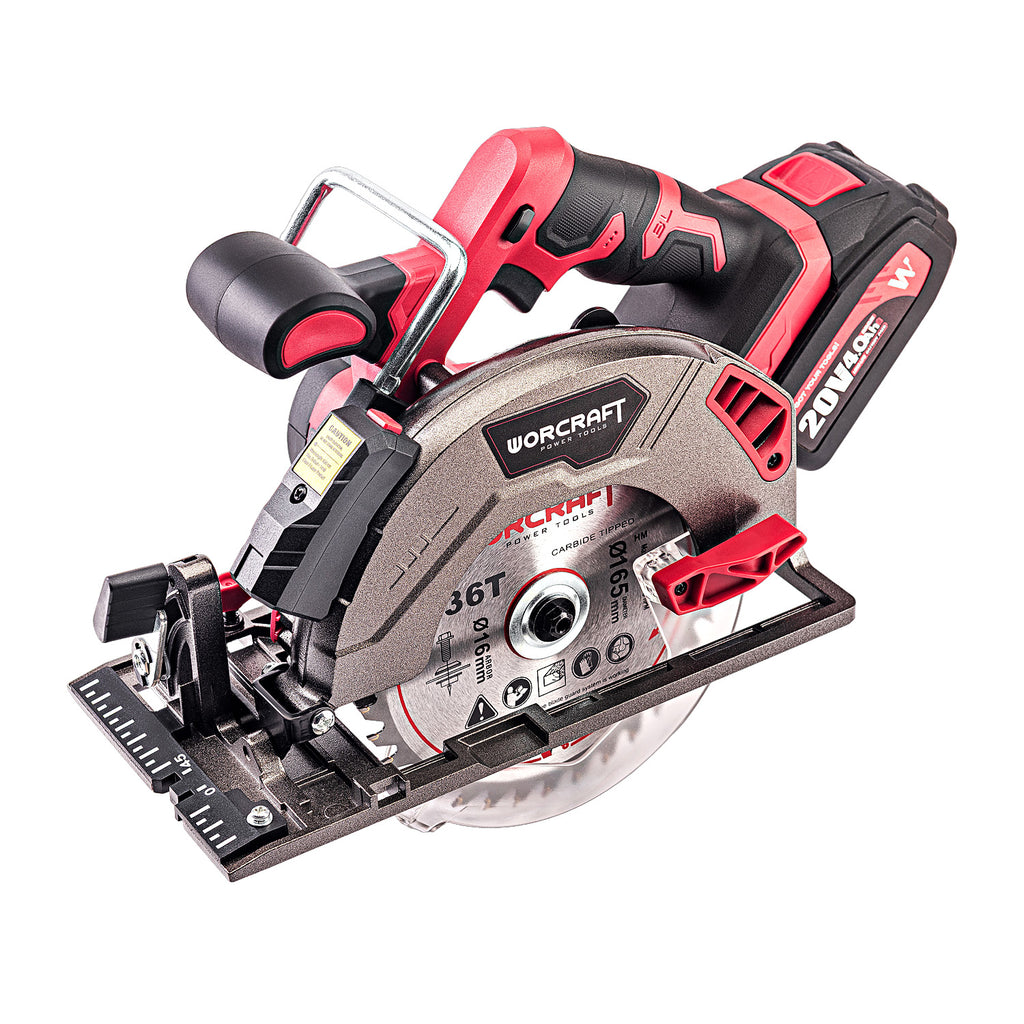 A cordless Worcraft circular saw with a gray metal blade guard, red and black handle, and a silver cutting wheel, shown on a plain white background.
