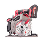 A cordless circular saw with a red and black WorCraft battery pack, a silver circular blade, and a gray metal base plate, shown on a solid white background.