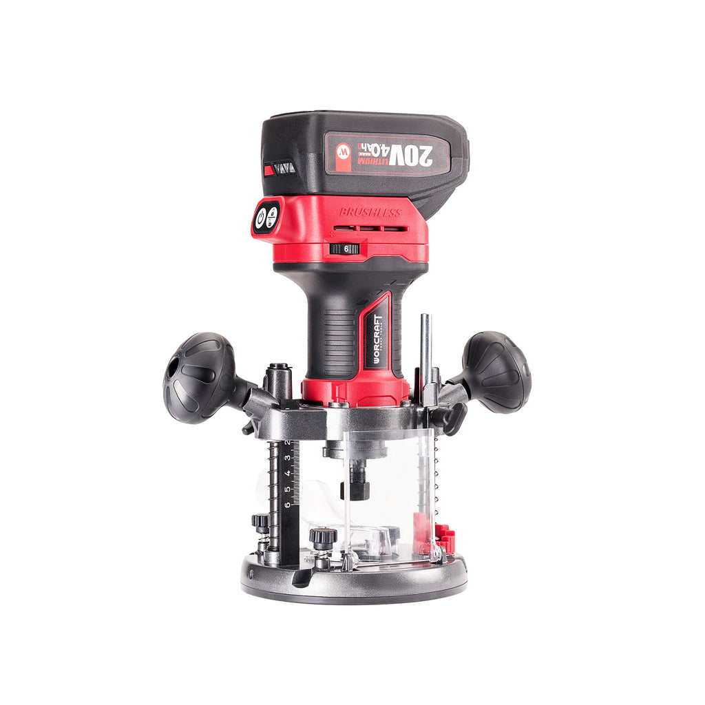 A Worcraft cordless brushless router with a red and black motor housing, black side handles, and a clear dust collection cup on a solid white background.