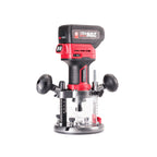 A Worcraft cordless brushless router with a red and black motor housing, black side handles, and a clear dust collection cup on a solid white background.