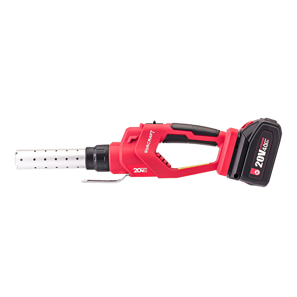 Worcraft Red and black cordless charcoal starter on a white background