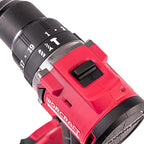 Close-up of a red and black cordless drill body with the WORCRAFT logo, showing the chuck, speed settings, and power switch on a white background.