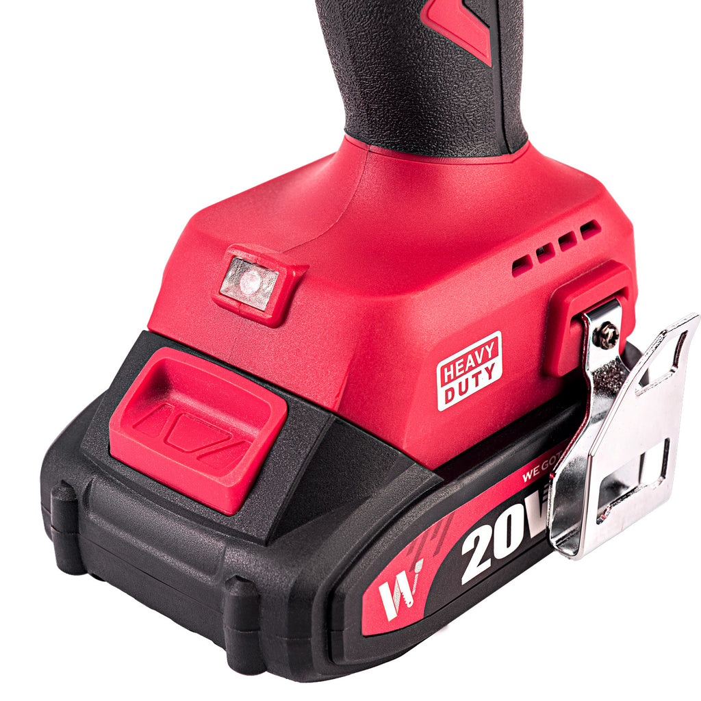 Red and black Worcraft cordless hammer drill battery with a metal clip attached, shown on a clean white background. The battery has a red and black handle grip, a red button, and a metal clip on the side.