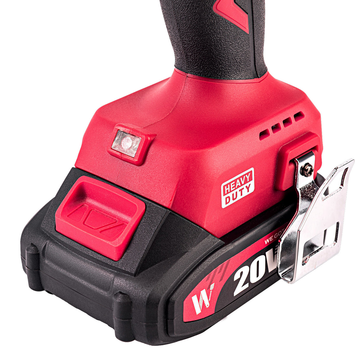 Red and black Worcraft cordless hammer drill battery with a metal clip attached, shown on a clean white background. The battery has a red and black handle grip, a red button, and a metal clip on the side.