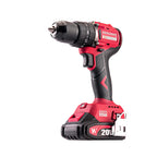 A cordless hammer drill driver with a red and black body, featuring the WORCRAFT brand logo on the side, shown on a solid white background.