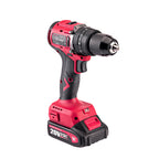 A cordless Worcraft hammer drill driver with a red and black body, featuring a 20V 2.0Ah lithium-ion battery pack, shown on a solid white background.