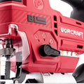 Close-up of a red WORCRAFT cordless jigsaw tool showing the brand name, control buttons, and a black adjustment knob against a white background.