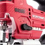 Close-up of a red WORCRAFT cordless jigsaw tool showing the brand name, control buttons, and a black adjustment knob against a white background.
