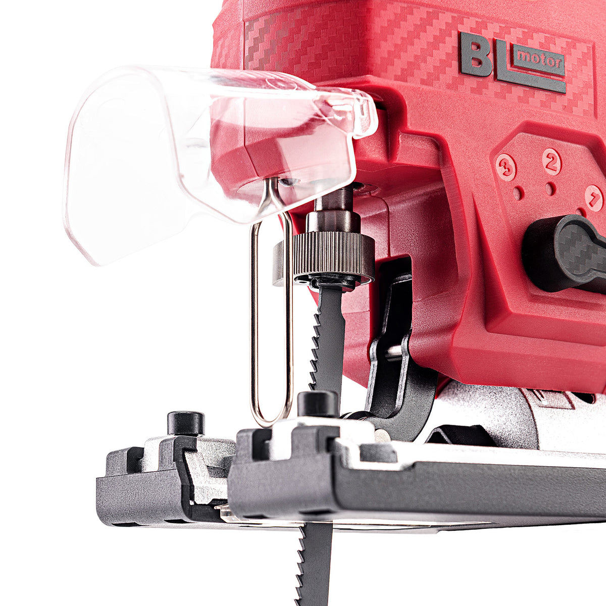 Close-up of a Worcraft red and black cordless jigsaw with a clear dust guard and metal guide rail, shown on a white background.
