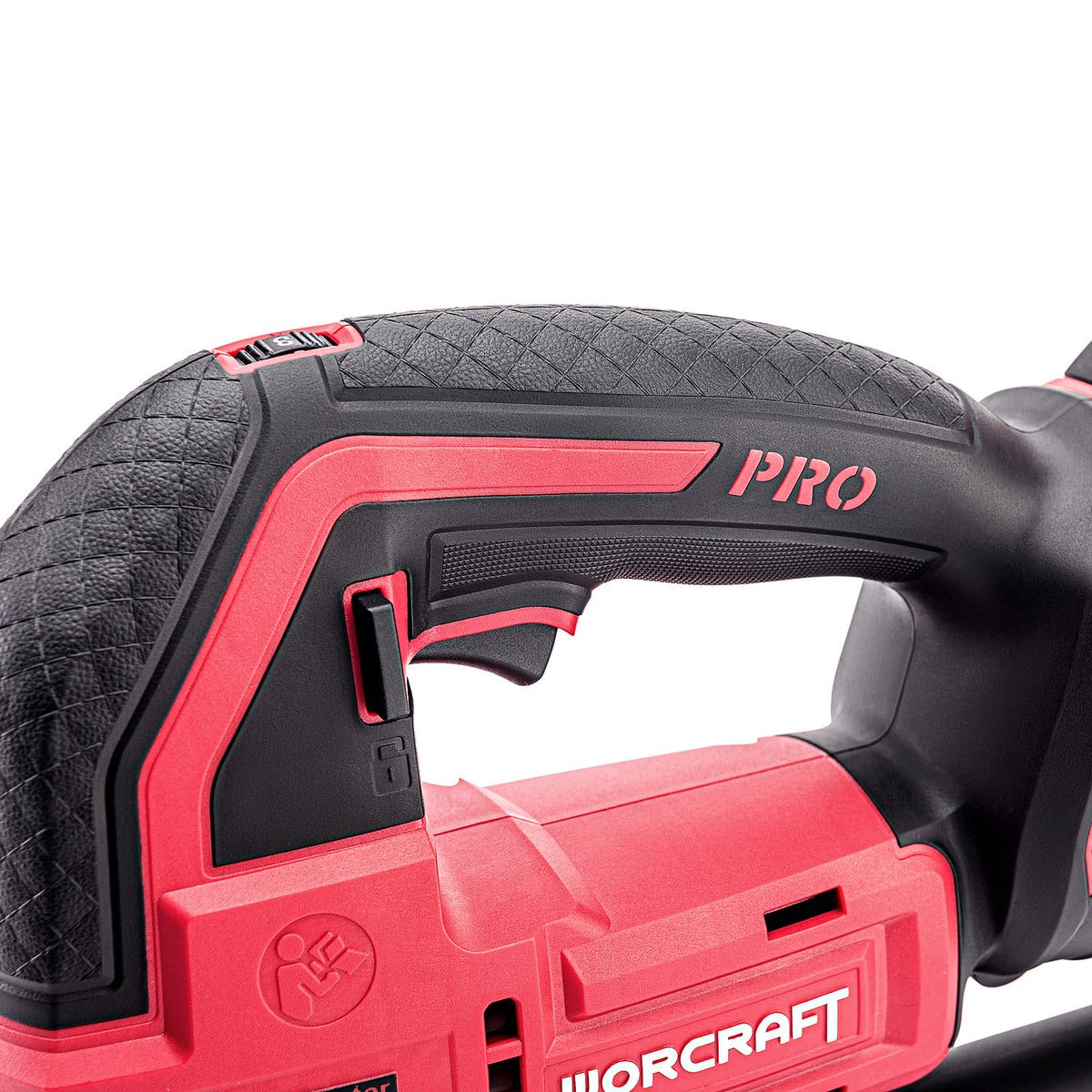 Close-up of a red and black cordless jigsaw body with the WORCRAFT PRO branding, showing the handle, trigger, and textured grip on a white background.