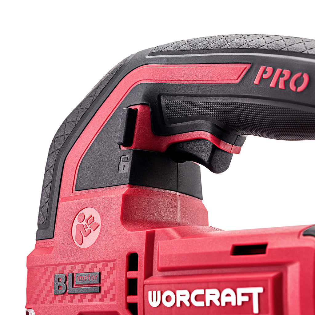 Close-up of a red and black WorCraft cordless jigsaw, showing the textured handle, trigger switch, and the WORCraft PRO branding on a white background.
