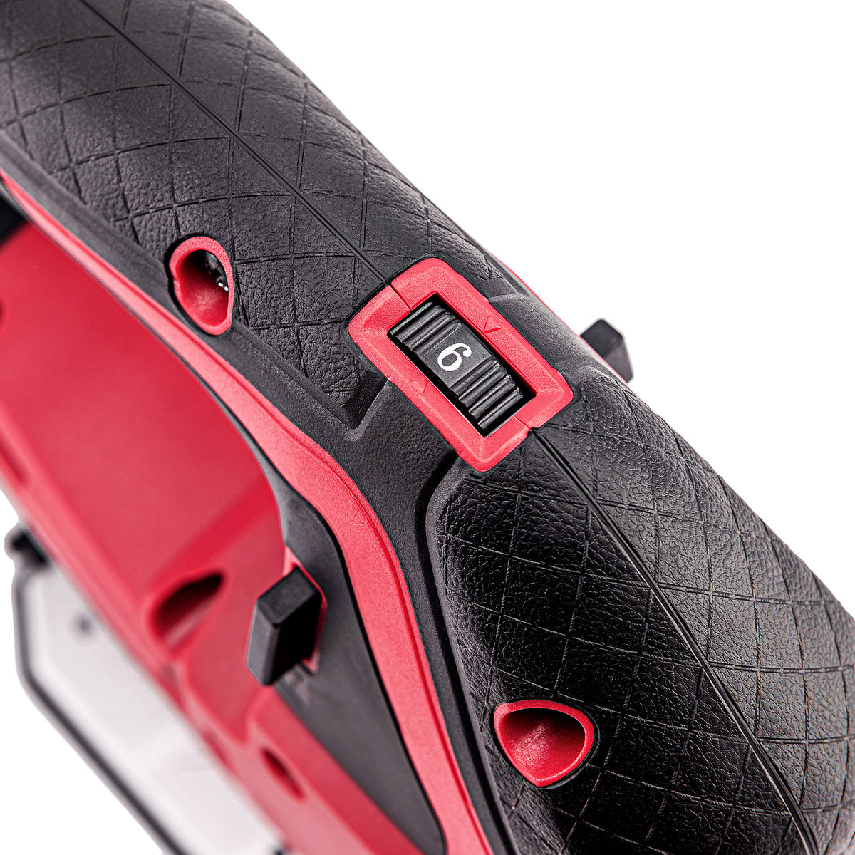 Close-up of a Worcraft red and black cordless jigsaw tool body showing a textured black grip, red trim, and a black rotary switch with the number 6.