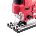 Close-up of a red and black Worcraft cordless jigsaw with a clear protective guard and silver metal base, shown on a white background.