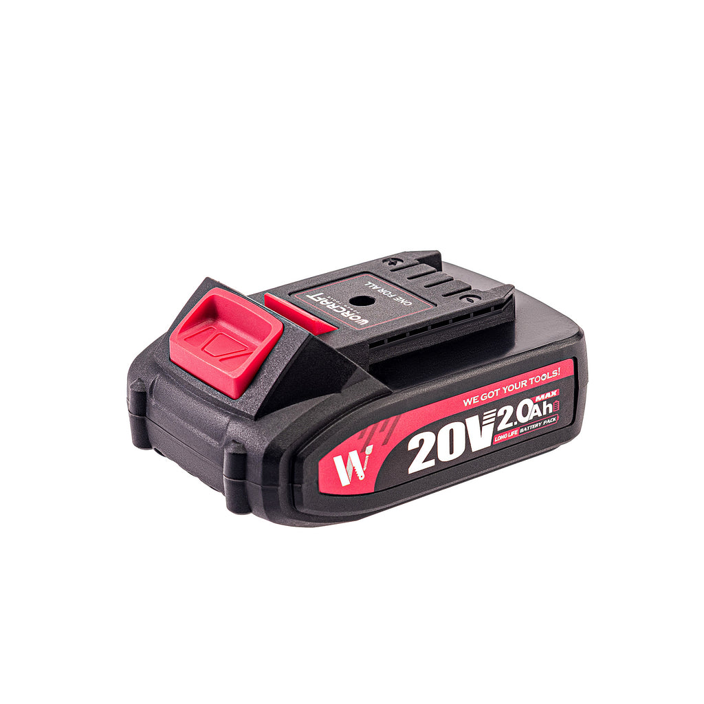 A Worcraft 20V 2.0Ah lithium-ion cordless tool battery with a black body and red accents, shown on a plain white background.
