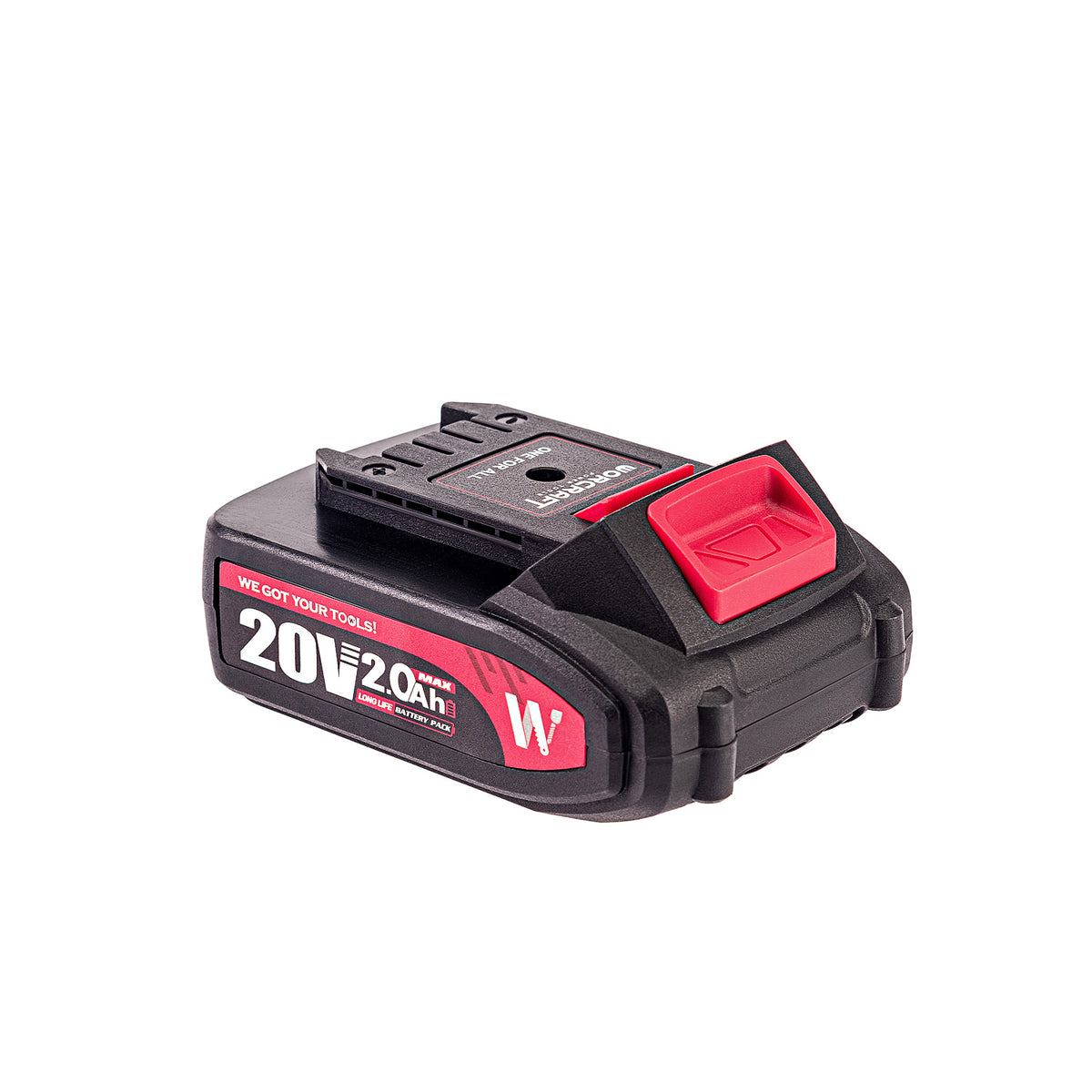 A 20V Worcraft 2.0Ah cordless tool battery with a black body and red accents, featuring a red power switch and a red and white label, shown on a plain white background.