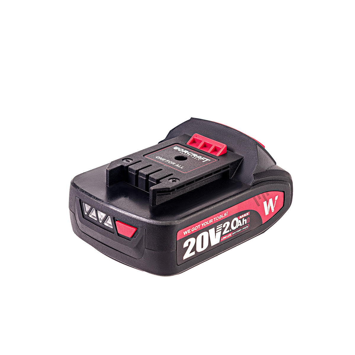 A Worcraft cordless power tool battery pack, specifically a 20V 2.0Ah Li-ion battery, shown from a three-quarters angle on a solid white background.