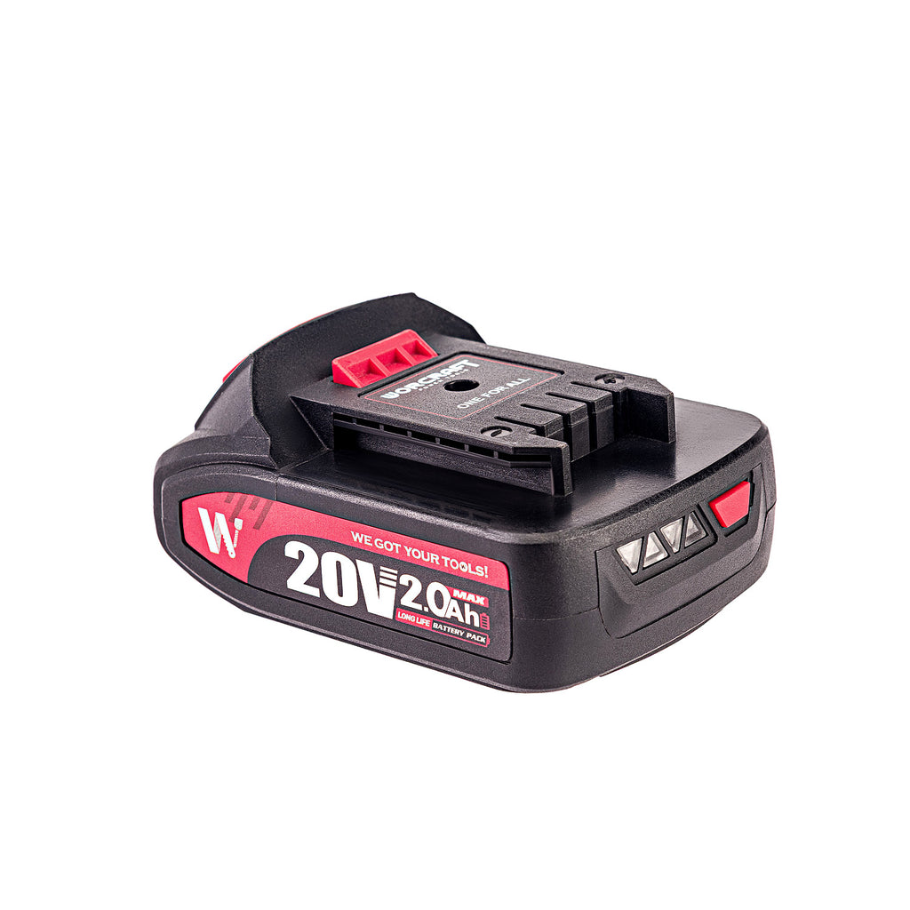 A Worcraft 20V 2.0Ah cordless battery pack with a black body and red accents, featuring a prominent red and white label on the side and a red switch on top, shown on a plain white background.