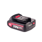 A Worcraft 20V 2.0Ah cordless battery pack with a black body and red accents, featuring a prominent red and white label on the side and a red switch on top, shown on a plain white background.