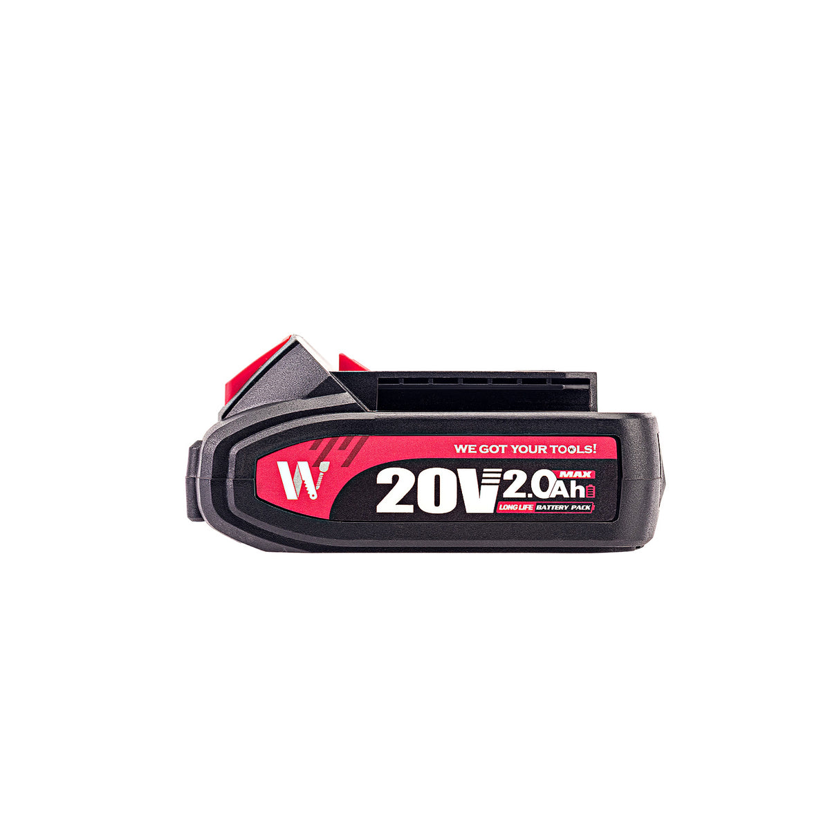 A 20V 2.0Ah cordless battery tool from Worcraft, featuring a black plastic body with a red and white label, shown on a plain white background.