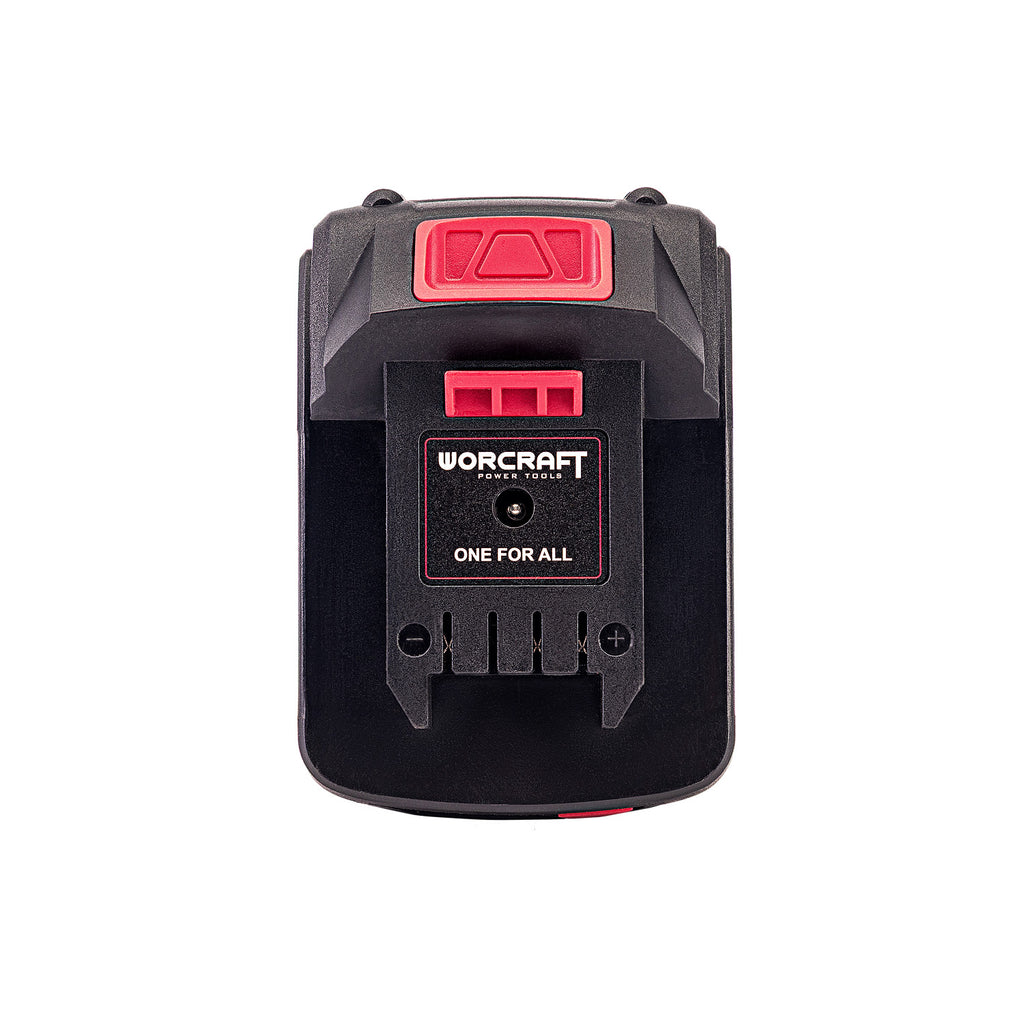 A black and red WorCraft cordless battery pack with a prominent red button on top and a black label in the center reading 'WORCRAFT PROFESSIONAL' and 'ONE FOR ALL'.