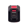 A black and red WorCraft cordless battery pack with a prominent red button on top and a black label in the center reading 'WORCRAFT PROFESSIONAL' and 'ONE FOR ALL'.