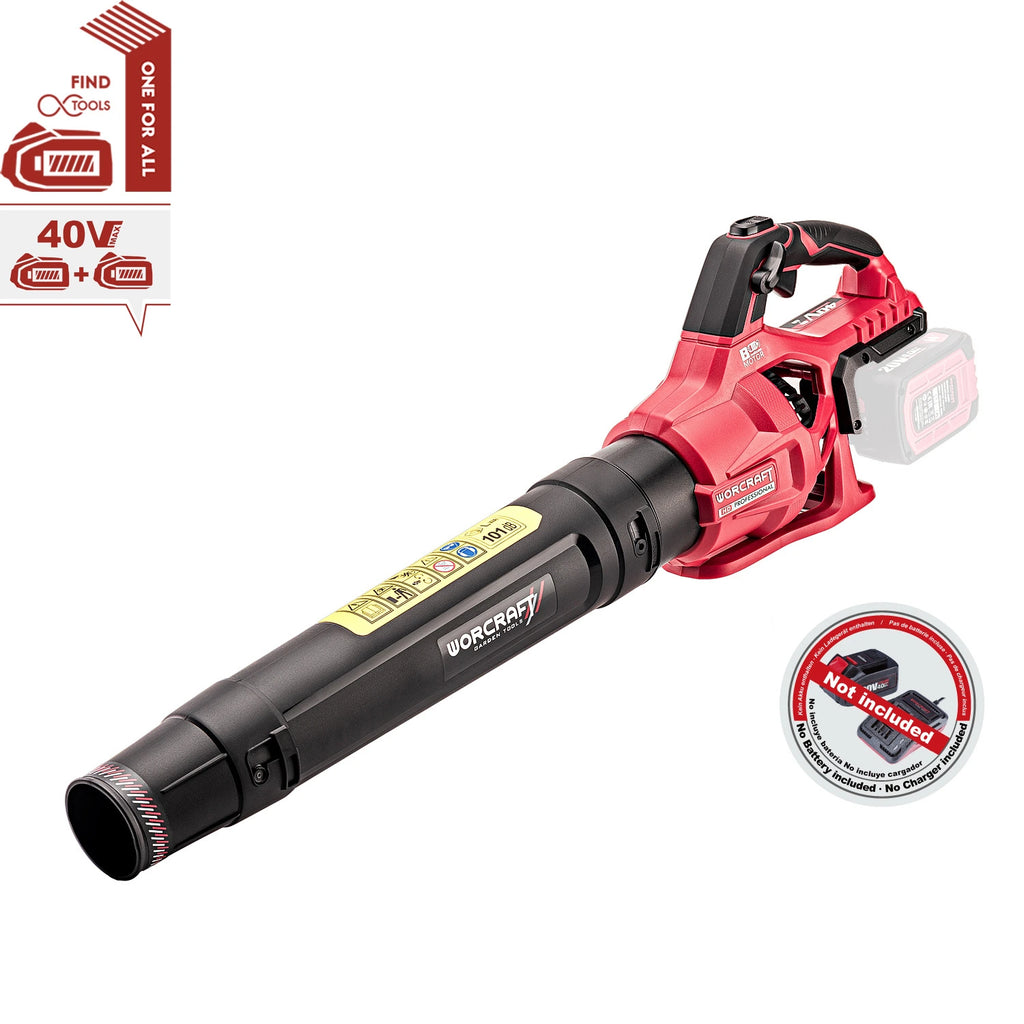 A cordless Worcraft leaf blower shown diagonally on a white background, featuring a red and black body with a long black nozzle. The image includes promotional badges on the top left indicating 40V and one-year warranty, and a 'Not Disturbed' sticker on the bottom right.