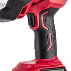 Close-up of a Worcraft cordless drill or impact driver showing the red and black handle grip with textured ergonomic contours, on a white background.