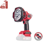 A Worcraft cordless work light with a red and black body, shown on a white background with promotional badges. The product features a bright LED light head, a red and black handle, and a red and gray battery pack.