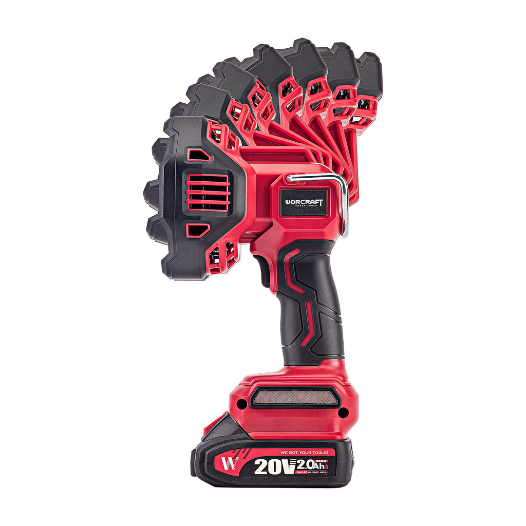 A cordless drill driver with a multi-tool attachment head, shown from a side profile view. The tool features a red and black color scheme with the brand name 'WORcraft' visible on the attachment head and  on the battery pack.