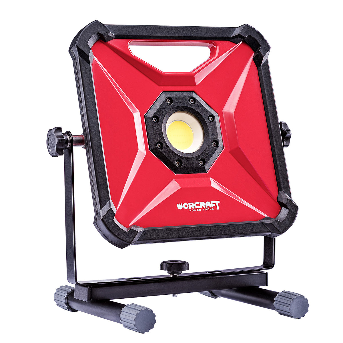 A red and black WORCRAFT portable LED work light with a mounting stand, shown on a solid white background.