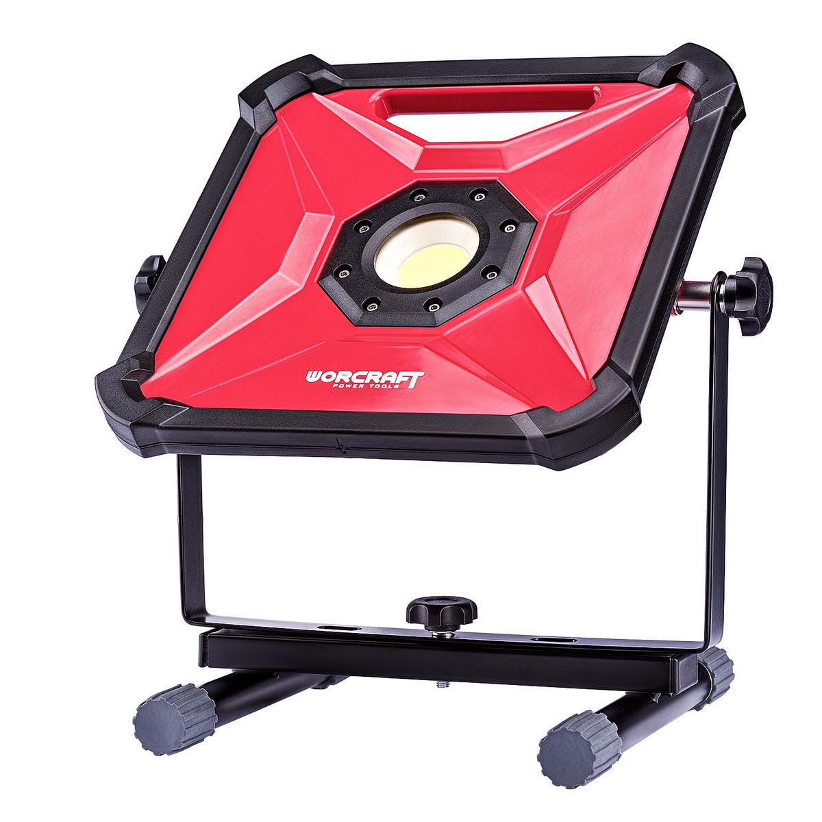 A red and black WorCraft industrial LED work light on a black adjustable stand, shown against a solid white background.