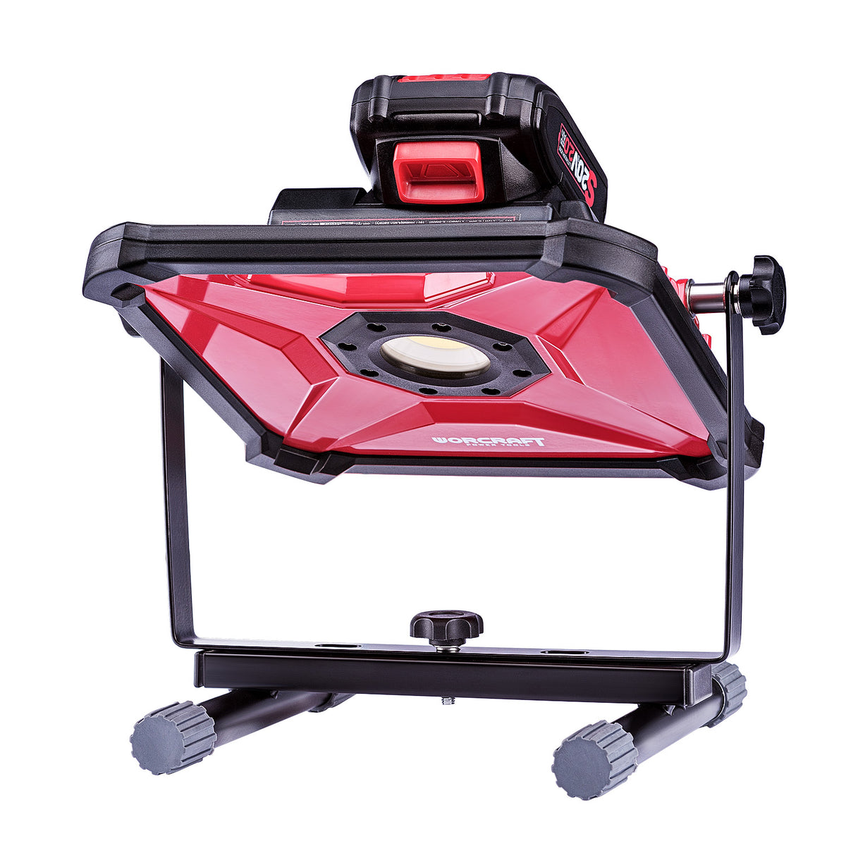 A red and black Worcraft brand led work light with a battery pack mounted on top, set against a solid white background.