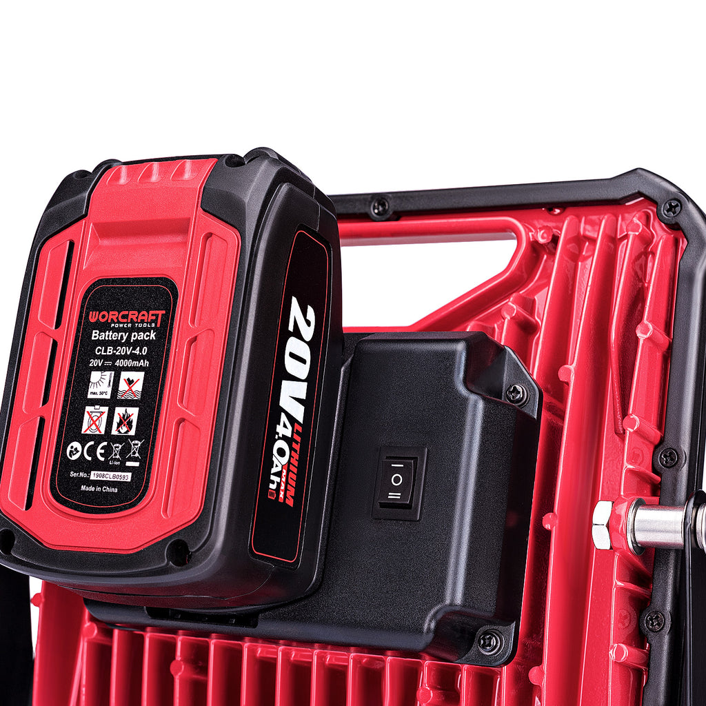 A red and black Worcraft 20V 4.0Ah cordless battery pack shown attached to a matching red and black tool handle or storage case on a clean white background.