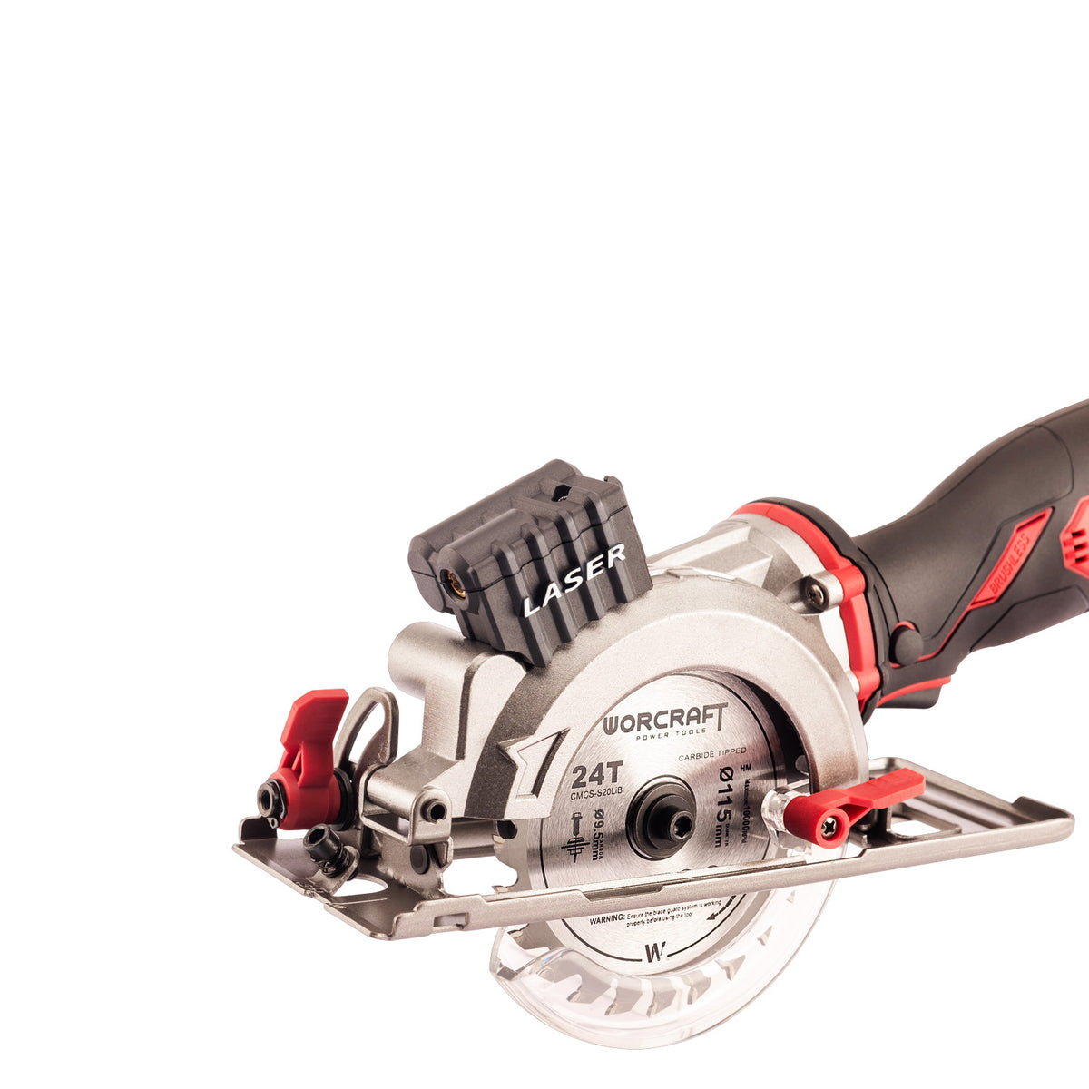 A Worcraft 24T mini circular saw with a silver metal body, black and red handle, and a laser guide attachment, shown on a solid white background.