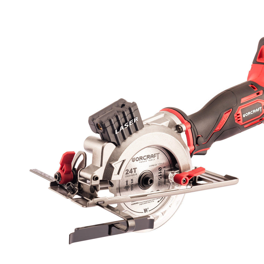 A Worcraft cordless circular saw with a red and black handle, silver metal blade, and red adjustment knobs, shown on a clean white background.