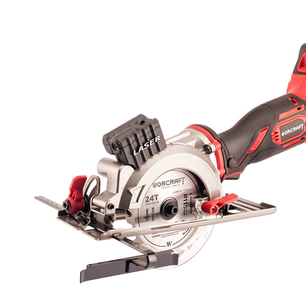 A Worcraft cordless circular saw with a red and black handle, silver metal blade, and red adjustment knobs, shown on a clean white background.