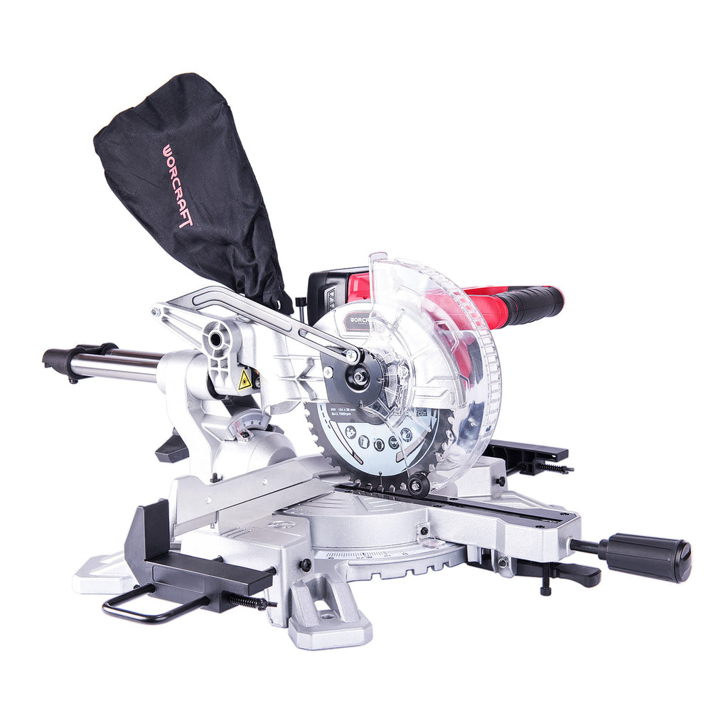 A silver and black Miter Saw with a clear plastic guard, red handle, and a black dust bag printed with the brand 'Worcraft' on a white background