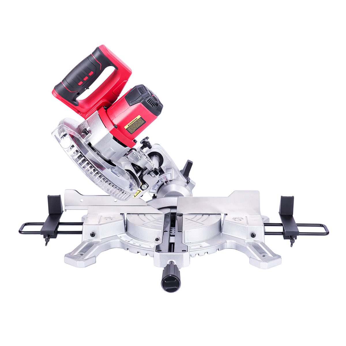 A cordless Worcraftg miter saw with a red and black cordless motorized handle, a silver aluminum base, and black guide rails, shown on a solid white background.